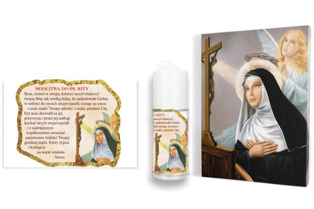 Zestaw OBRAZ na płótnie i świeca ŚW. RITA do spraw beznadziejnych