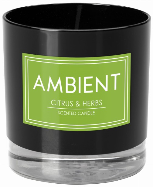 Świeca z kolekcji Ambient w czarnym eleganckim szkle z etykietą i kolorową zalewą AROMOTERAPIA