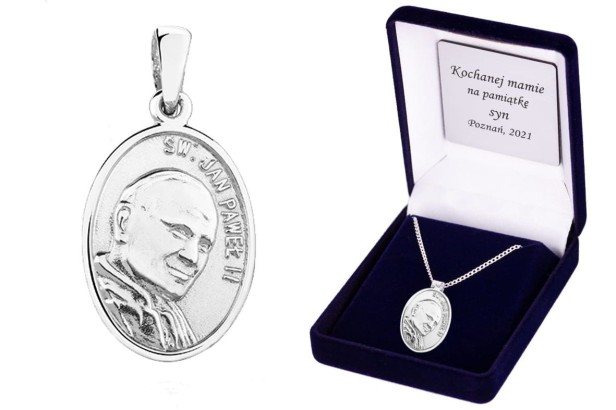 Srebrny medalik Święty Jan Paweł II (Karol Wojtyła) z łańcuszkiem pr. 925 – pamiątka wiary i błogosławieństwa z dedykacją