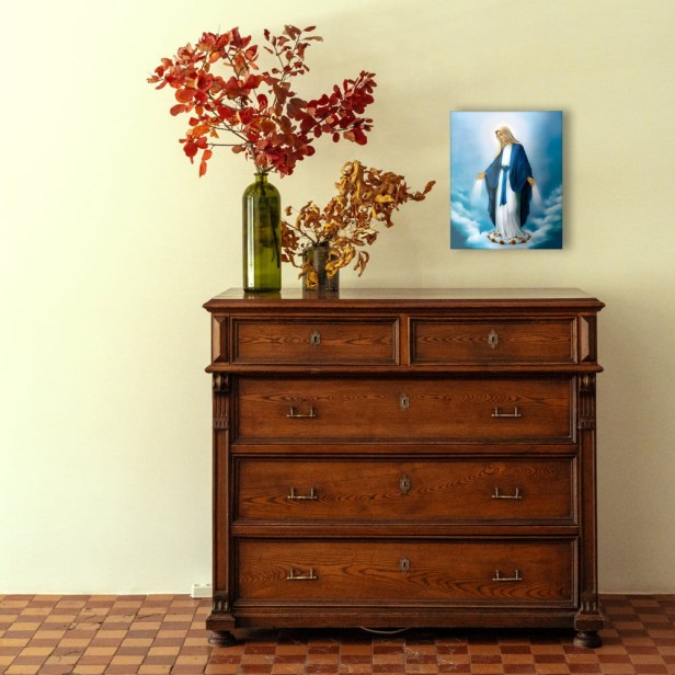 Obraz na desce lipowej 15×20 – Matka Boża Niepokalana „Czystość serca i opieka Matki”