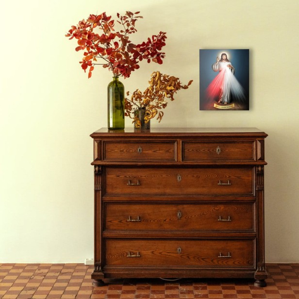 Obraz na desce lipowej – Jezu, Ufam Tobie 15×20 – znak Miłosierdzia Bożego | SACRA LIGNUM™