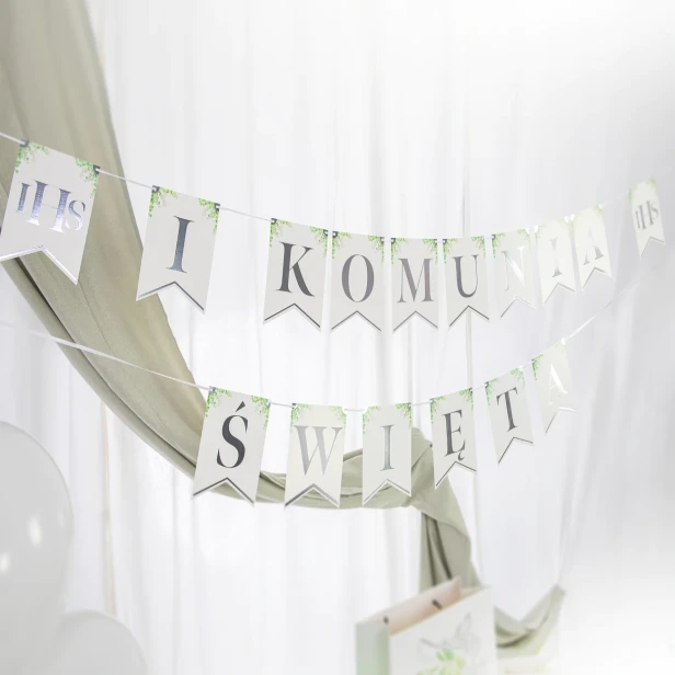 Baner komunijny I KOMUNIA ŚWIĘTA Eukaliptus srebrny Girlanda ozdobna 240cm