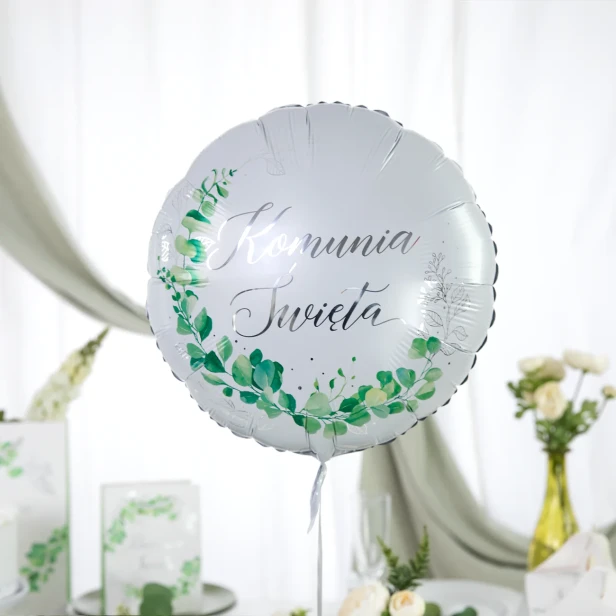 Balon foliowy „Komunia Święta Eukaliptus Srebrny” – 45 cm