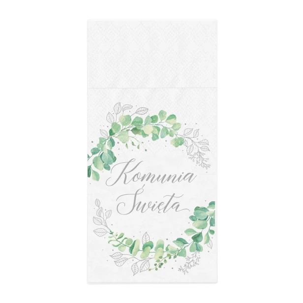 ZESTAW dekoracji stołu na Komunię EUKALIPTUS srebrny 10% TANIEJ