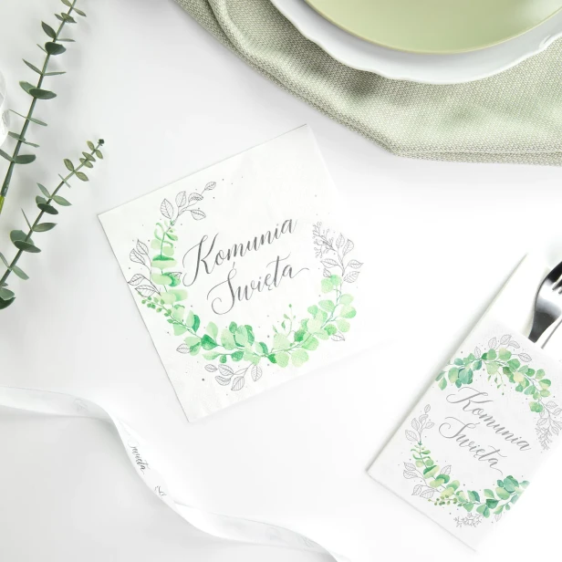 ZESTAW dekoracji stołu na Komunię EUKALIPTUS srebrny 10% TANIEJ