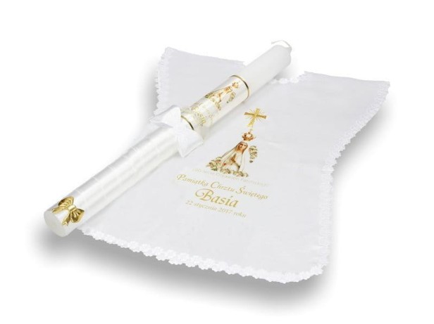 Świeca i szatka na Chrzest zestaw do chrztu JUBILEUSZOWY MB Fatimska