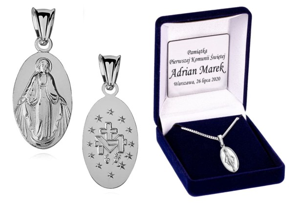 MEDALIK NIEPOKALANA i łańcuszek srebro AG 925 DEDYKACJA - Pamiątka prezent GRAWER