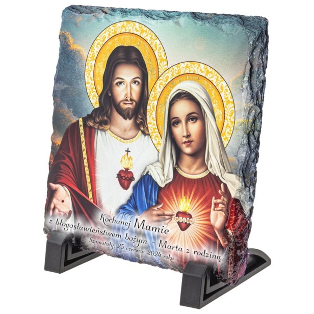 Obrazek Religijny na Granitowej Płytce: Serce Jezusa i Serce Maryi – Wieczny Symbol Miłości i Poświęcenia