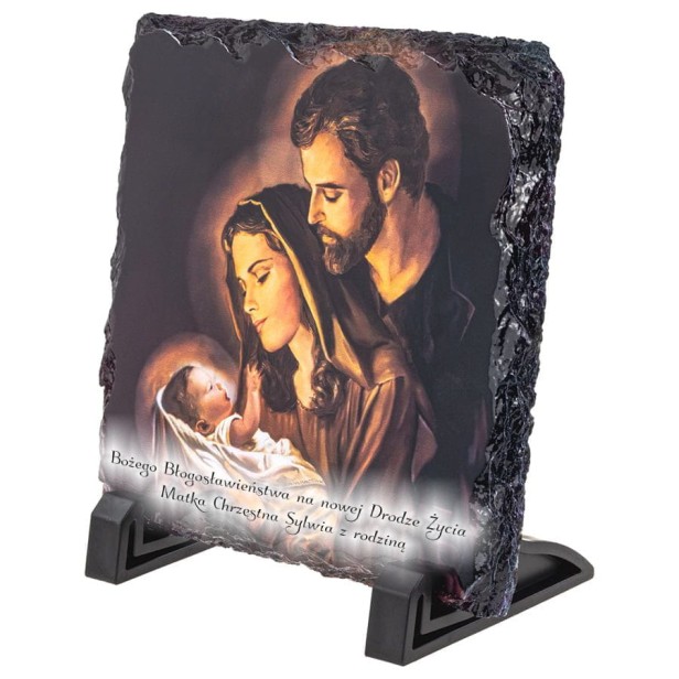 Obrazek Religijny na Granitowej Płytce: Święta Rodzina w Ciepłych Odcieniach Brązu – Ostoja Domowego Ciepła i Spokoju