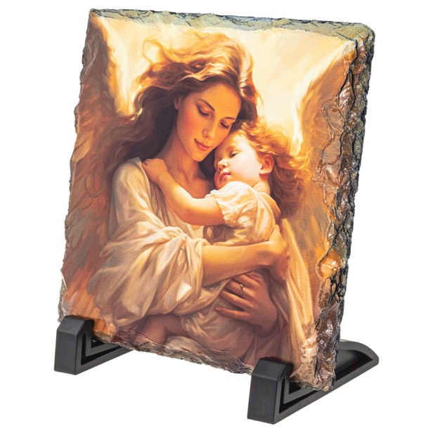 bez personalizacji - Obrazek Religijny na Granitowej Płytce: Anioł Stróż z Dzieckiem – Nostalgiczny Akcent w Twoim Domu