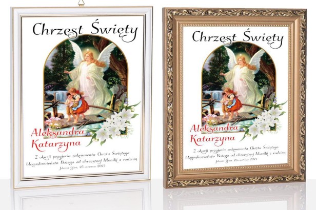 Obraz pamiątkowy na Chrzest Święty – Twój Anioł Stróż, druk na szkle | Linia DOTYK SACRUM™