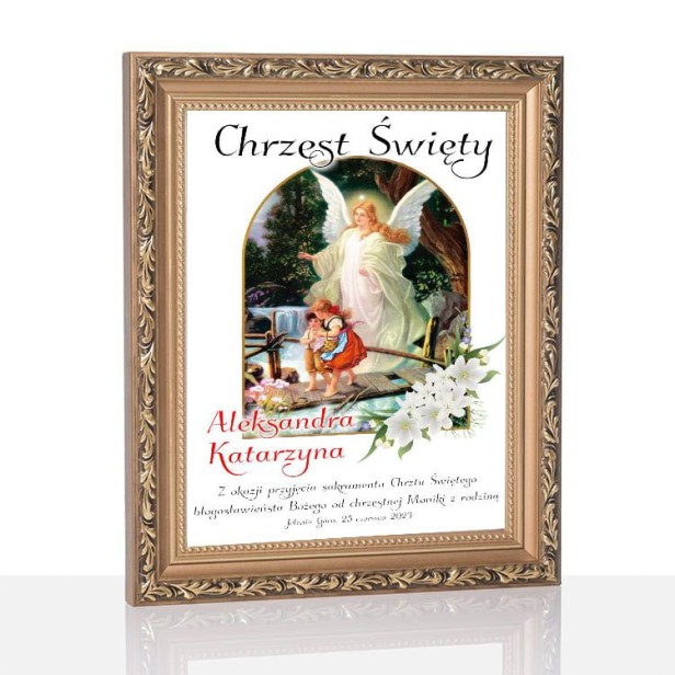 rama VINTAGE - Obraz pamiątkowy na Chrzest Święty – Twój Anioł Stróż, druk na szkle | Linia DOTYK SACRUM™