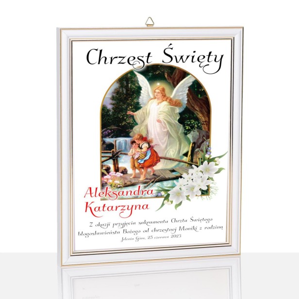 biała rama - Obraz pamiątkowy na Chrzest Święty – Twój Anioł Stróż, druk na szkle | Linia DOTYK SACRUM™