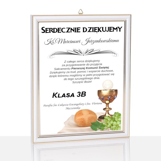 rama biała - Podziękowanie dla księdza lub katechetki od dzieci komunijnych, druk na szkle | Linia DOTYK SACRUM™