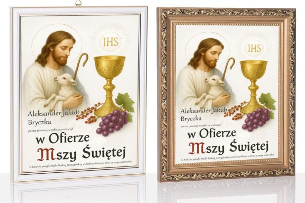 Obraz komunijny Dobry Pasterz na białym szkle – Pamiątka I Komunii Świętej | Linia DOTYK SACRUM™