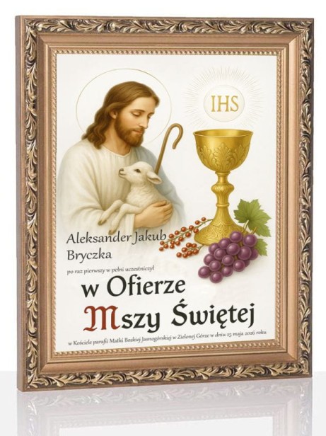 BIAŁA RAMA Obraz komunijny Dobry Pasterz na białym szkle – Pamiątka I Komunii Świętej | Linia DOTYK SACRUM™