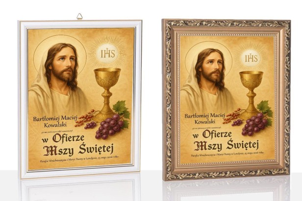 Obraz pamiątkowy na Komunię – Jezus Chrystus Dobry Pasterz, druk na szkle | Linia DOTYK SACRUM™