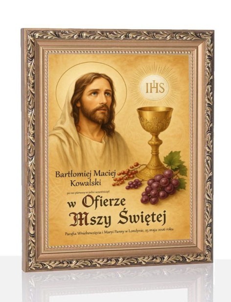 VINTAGE RAMA Obraz pamiątkowy na Komunię – Jezus Chrystus Dobry Pasterz, druk na szkle | Linia DOTYK SACRUM™
