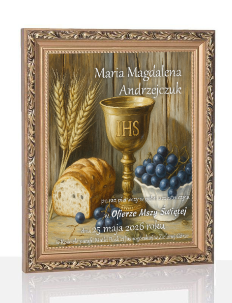 rama VINTAGE - Obraz pamiątkowy na Komunię – Moc Eucharystii, druk na szkle | Linia DOTYK SACRUM™