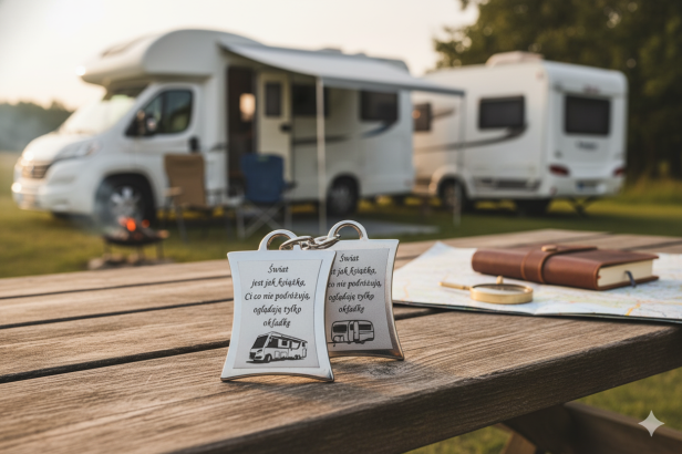 Brelok srebrny z wizerunkiem Św. Krzysztofa z Twoim grawerem – wersja CARAVANING