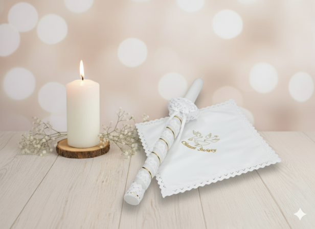 Stylowy zestaw do Chrztu świeca i szatka na Chrzest z koronką bawełnianą aranżacja
