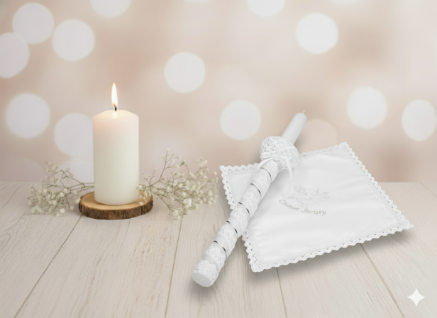 Stylowy zestaw do Chrztu świeca i szatka na Chrzest z koronką bawełnianą SREBRNY w aranżacji