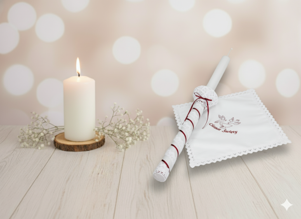 Stylowy zestaw do Chrztu świeca i szatka na Chrzest z koronką bawełnianą w aranżacji