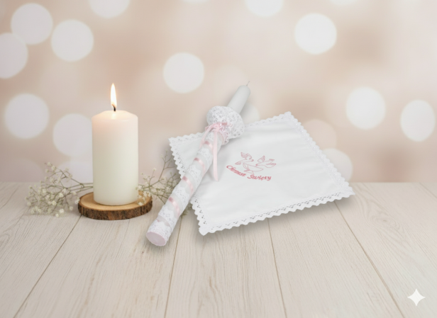 Stylowy zestaw do Chrztu świeca i szatka na Chrzest z koronką bawełnianą RÓŻOWY w aranżacji