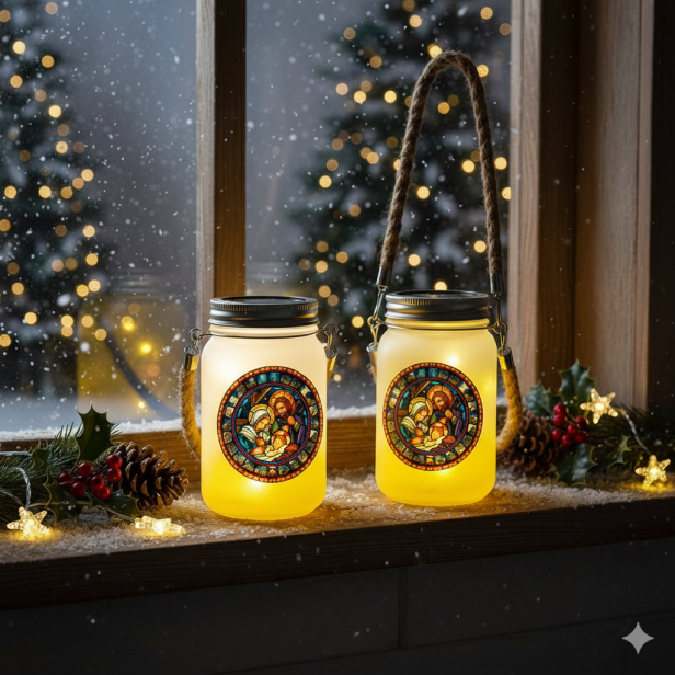 Lampion Roratni Szklany Żółty z Jutowym Uchwytem – Ciepłe Światło Adwentu w scenerii zimowej