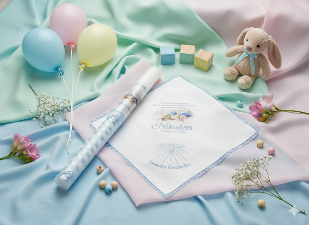 Zestaw do Chrztu ze zdjęciem – szatka z koronką i haftem