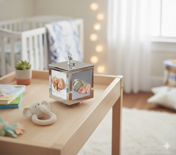 w aranżacji Srebrna pozytywka–karuzela z 4 ramkami | Obrotowa szkatułka pamiątkowa z personalizacją