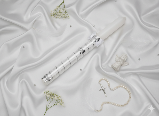 aranżacja świeca do chrztu zdobienie srebrne