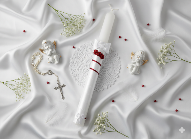 w aranżacji Świeca do Chrztu „Bordo Atlas” – elegancka gromnica ręcznie zdobiona, pamiątka Chrztu Świętego