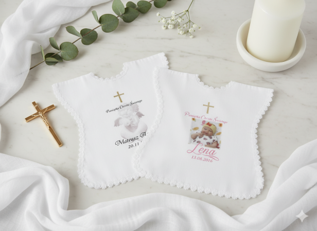 aranżacja - Szatka na Chrzest z imieniem, dedykacją lub wierszem – personalizowana pamiątka Chrztu Świętego