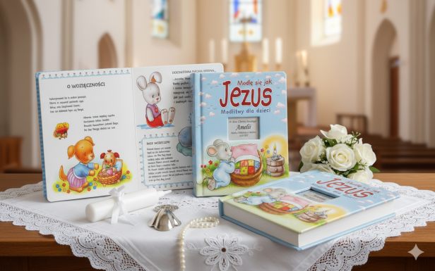 aranżacja Książka dla dzieci z grawerowaną dedykacją – „Modlę się jak Jezus” | Pamiątka Chrztu i Komunii