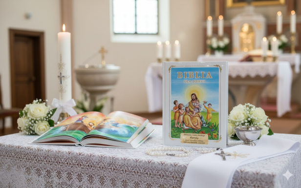aranżacja Biblia dla dzieci (biała) z grawerowaną dedykacją – prezent i pamiątka Chrztu lub Komunii