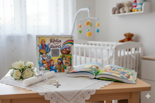 aranżacja  Książka z grawerem – Mała Biblia dla Małych Dzieci | Pamiątka Chrztu Świętego i Komunii