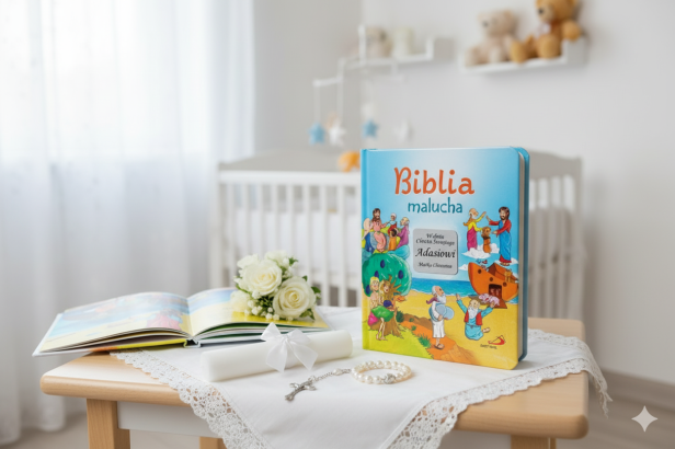 aranżacja Biblia Malucha z grawerowaną dedykacją – Pamiątka Chrztu Świętego i prezent dla dziecka