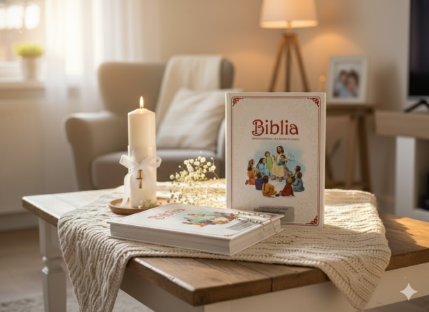 aranżacja Biblia „Święta historia dla naszych dzieci” z grawerowaną dedykacją – Pamiątka Chrztu i Komunii Świętej