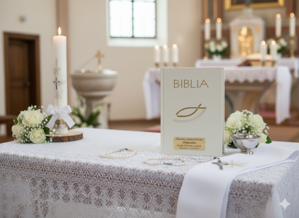 aranżacja Biblia Pismo Święte ecru z rybką – Pamiątka Chrztu Świętego z grawerem | Prezent religijny