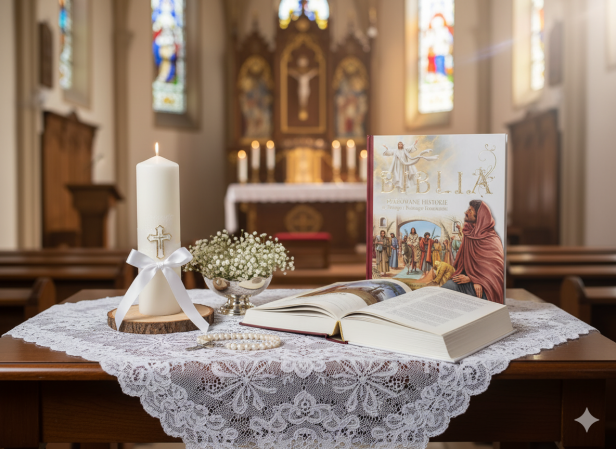 w aranżacji Biblia. Ilustrowane historie ze Starego i Nowego Testamentu – grawerowana dedykacja | Pamiątka Chrztu i Komunii Świętej