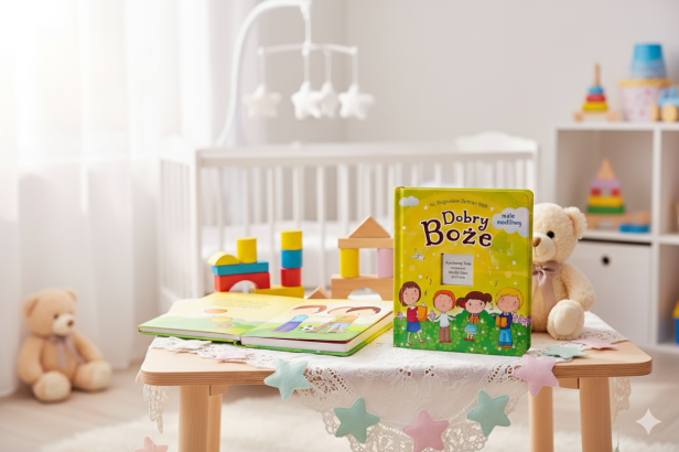 aranzacja DOBRY BOŻE – książka z grawerowaną dedykacją | Pamiątka Chrztu Świętego i prezent dla dziecka