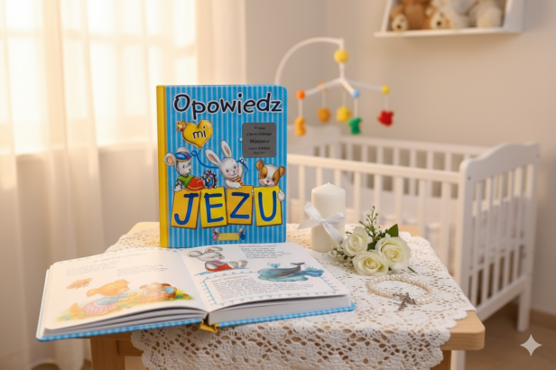 aranżacja Książka z grawerem – Opowiedz Mi Jezu | Pamiątka Chrztu Świętego | Prezent religijny dla dziecka