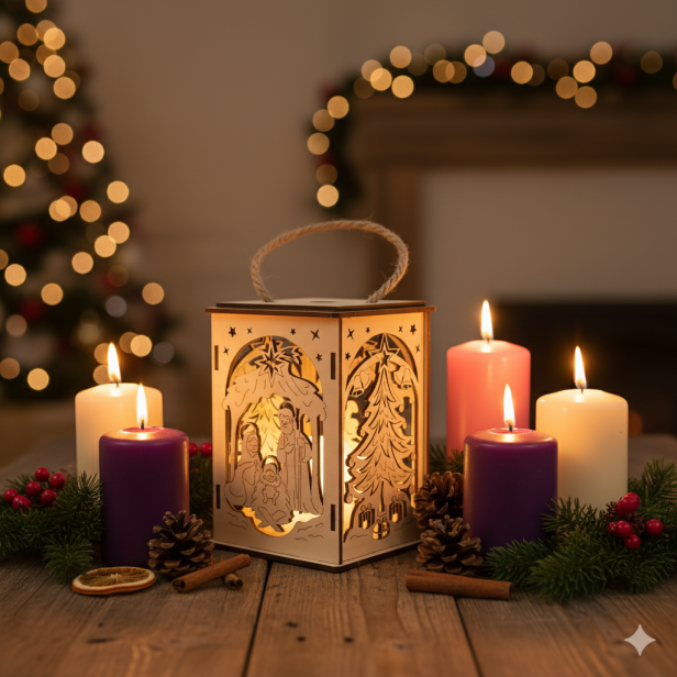 aranżCJA Lampion Roratni Drewniany LED z Uchwytem – EKO Symbol Adwentu - naturalny