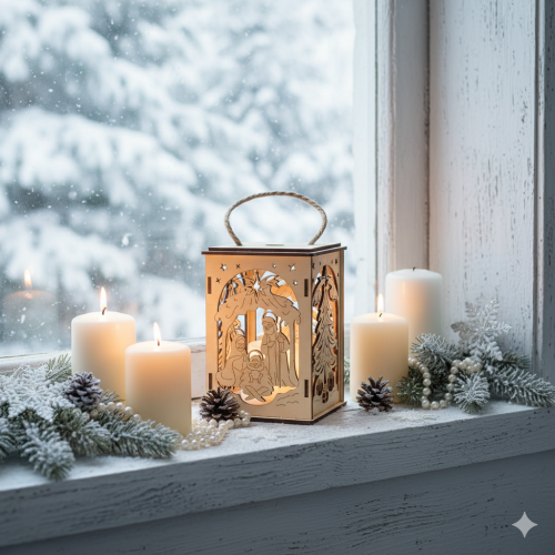 W ARANŻACJI Lampion Roratni Drewniany LED z Uchwytem – EKO Symbol Adwentu - naturalny