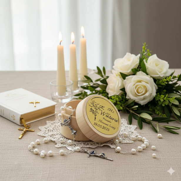 aranżacja Różaniec perłowy z drewnianym pudełkiem z grawerem – Pamiątka I Komunii Świętej