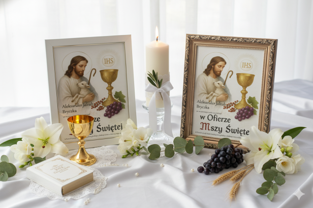 aranżacja Obraz komunijny Dobry Pasterz na białym szkle – Pamiątka I Komunii Świętej | Linia DOTYK SACRUM™