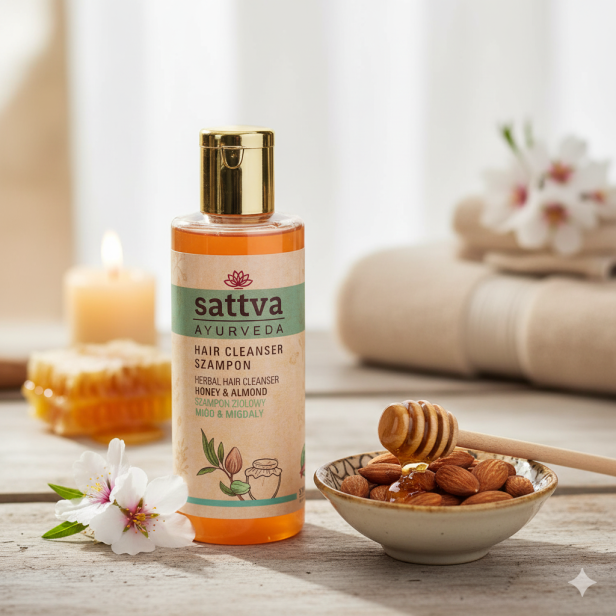 aranżacja Szampon Herbal Hair Cleanser Honey & Almond SATTVA 210ml – z miodem i migdałami do każdego rodzaju włosów
