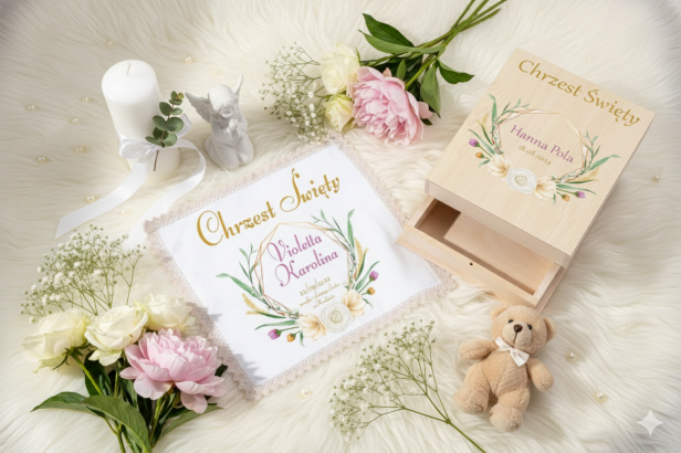 aranżacja Szatka na Chrzest koronka OLIMP – Pamiątka Chrztu Świętego (Złoto Bogini / Błękit Bogów)