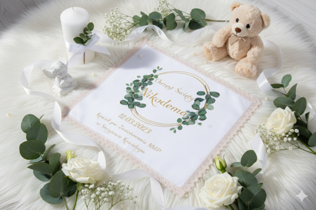 projekt EUKALIPTUS - Szatka na Chrzest koronka  Pamiątka Chrztu Świętego (chusteczka z satyny)